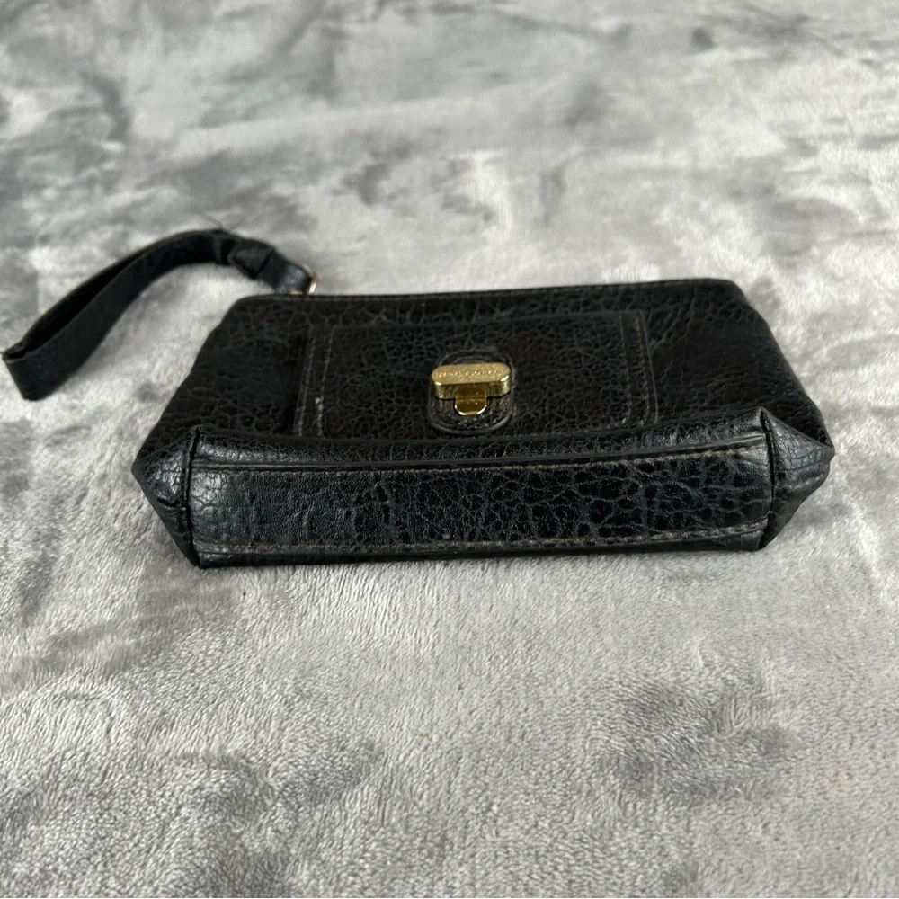 Dana Buchman Wristlet Black Pebbled Faux Leather Wrist Strap Brass Turn‎ Lock